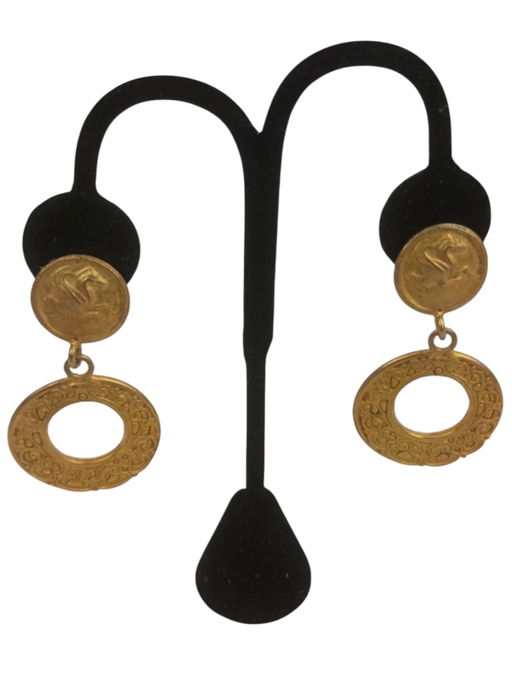 Vintage 80s Womens Gold Doorknocker Earrings Pegasus Etruscan Inspired Old Money - Picture 2 of 6